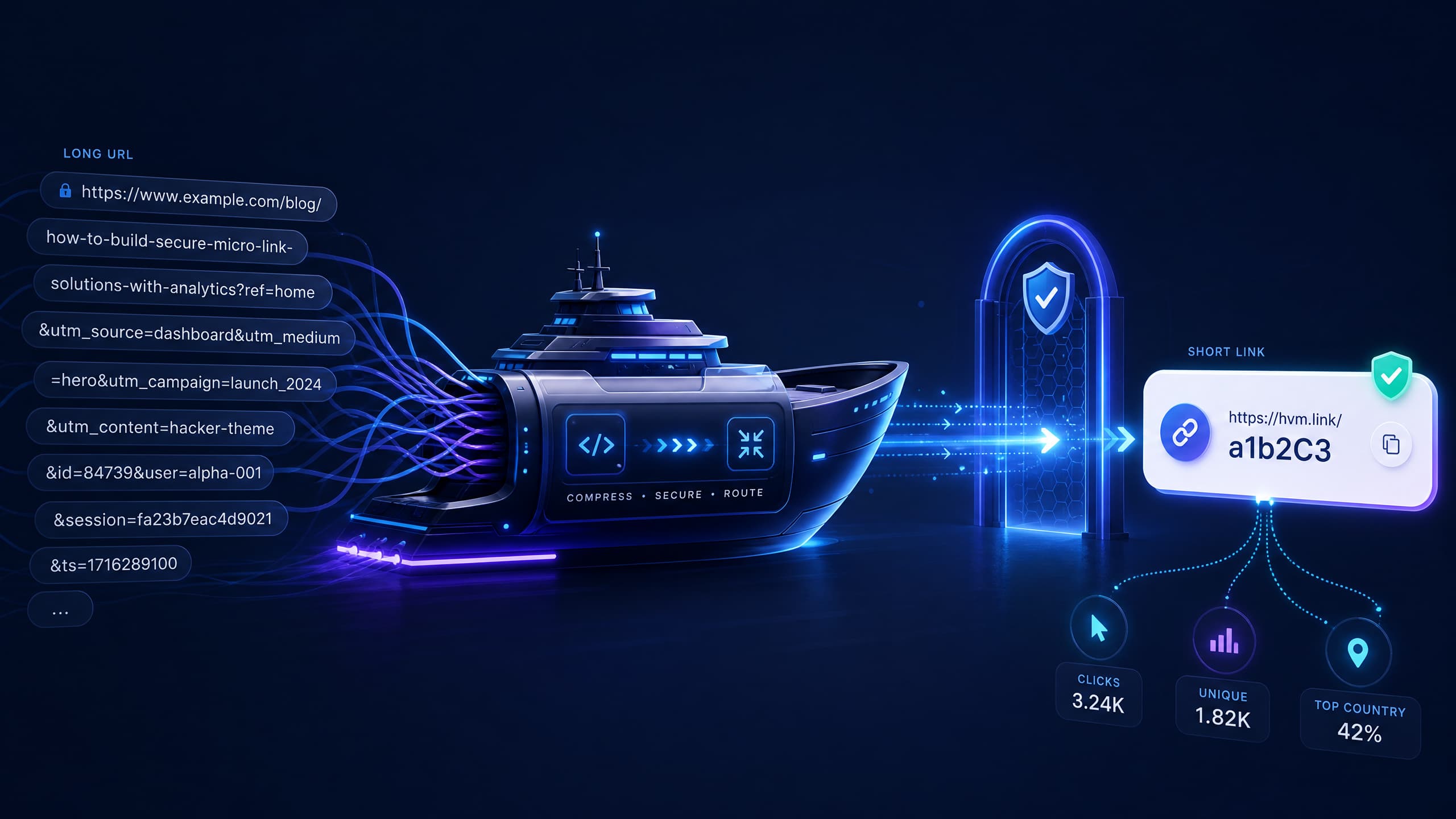 A secure boat-shaped gateway transforming a long URL into a short link